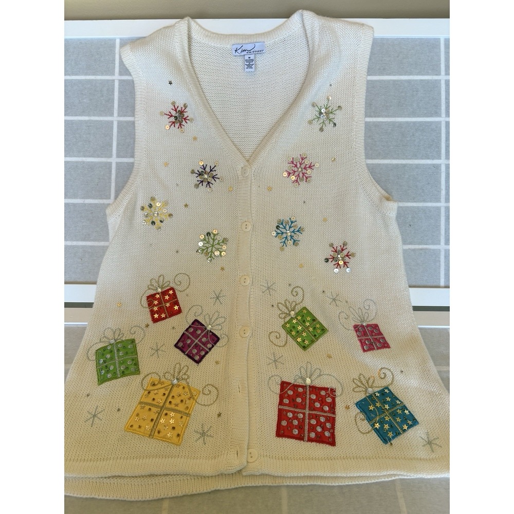 VTG Kim Rogers Christmas Sweater Vest Ivory Snowflake Present Beaded M Holiday